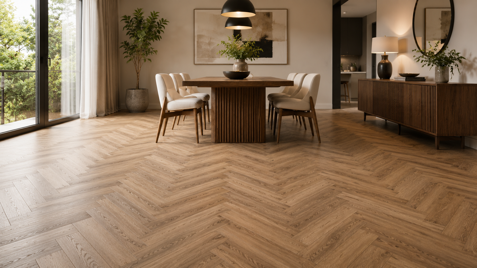 Luxury dining or living room with herringbone SPC flooring