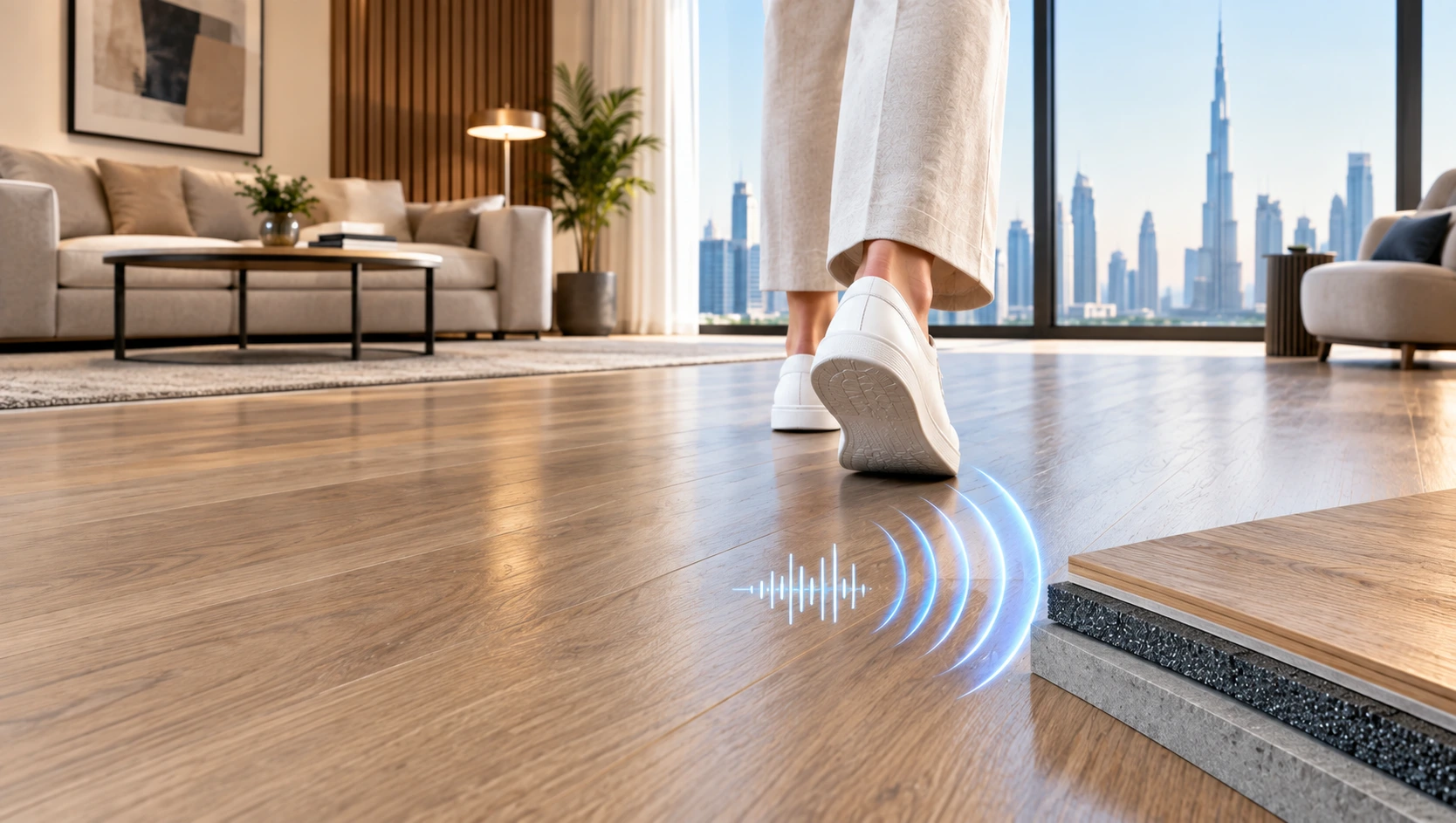 Acoustic flooring installed in a Dubai apartment to reduce footstep noise