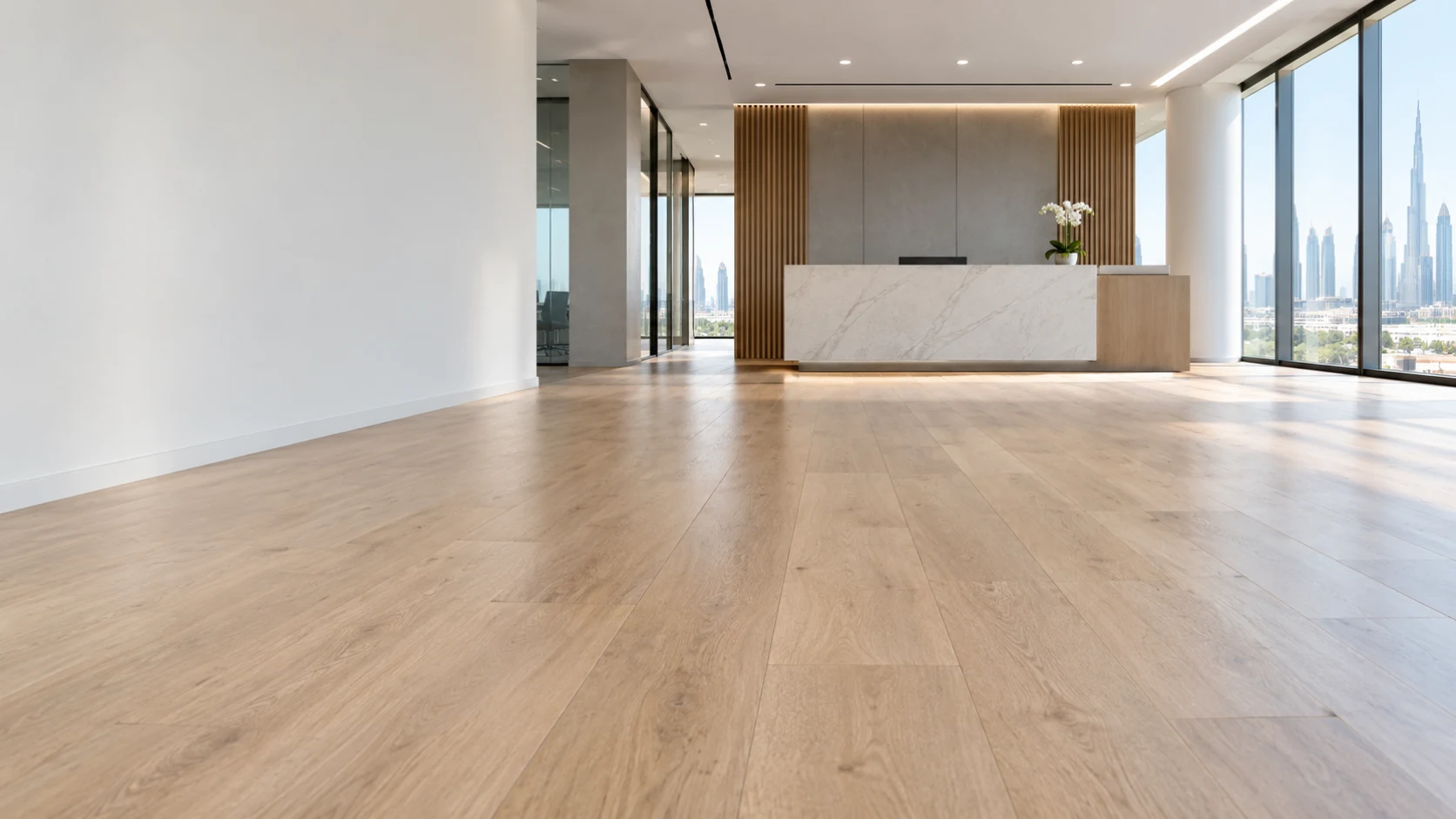 Wood-grain surface detail of commercial vinyl plank flooring