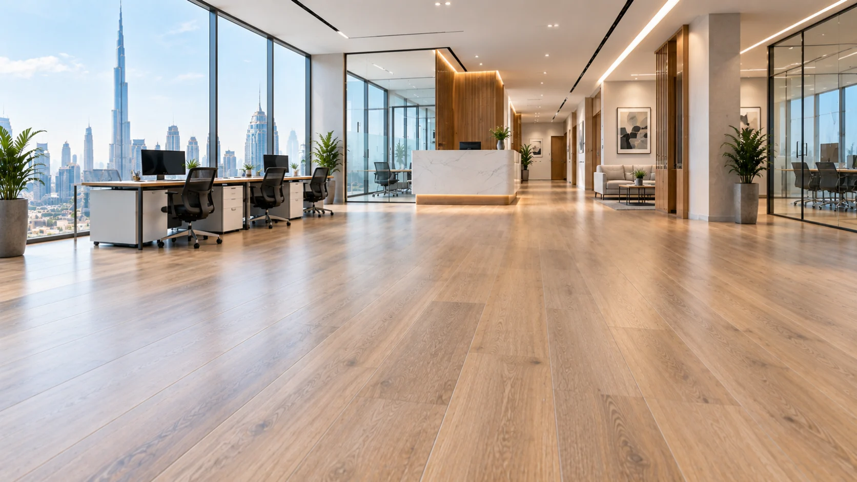 Commercial vinyl flooring in a modern Dubai office interior