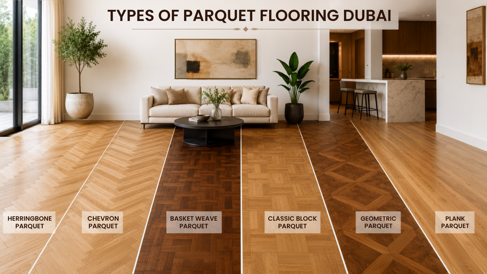 Herringbone flooring pattern layout around a kitchen island