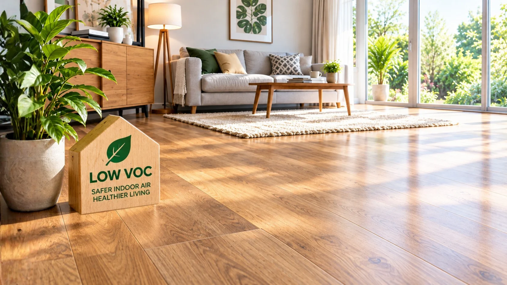 Low VOC engineered wood flooring installed in a Dubai villa living room