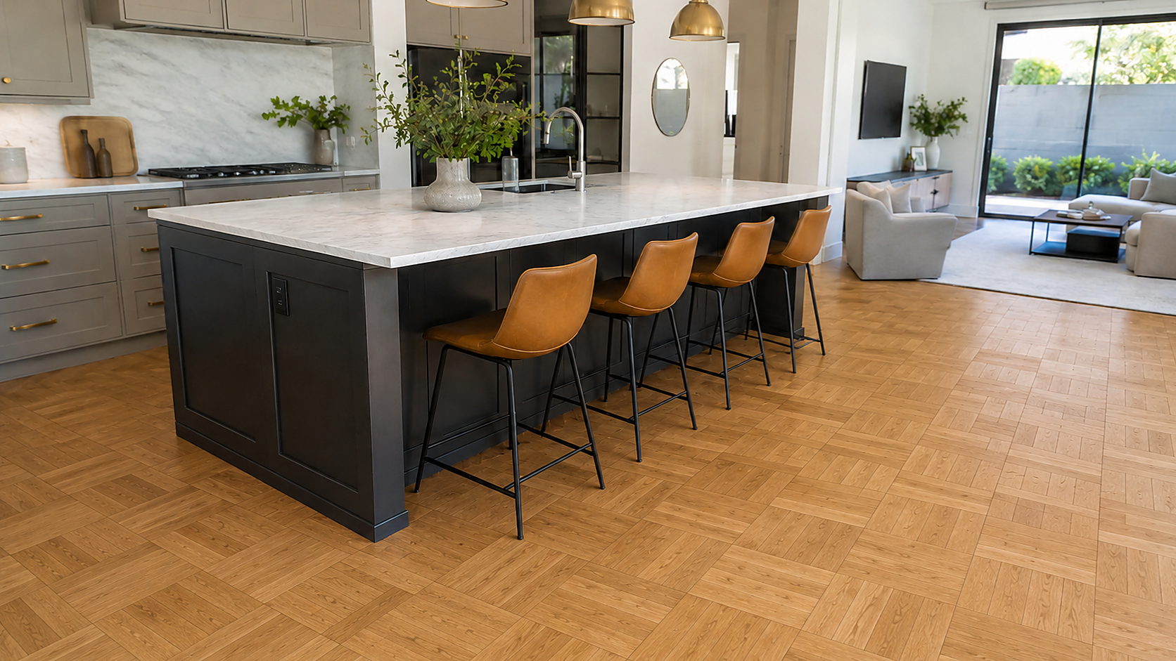 Kitchen island stool legs on parquet flooring showing common wear points