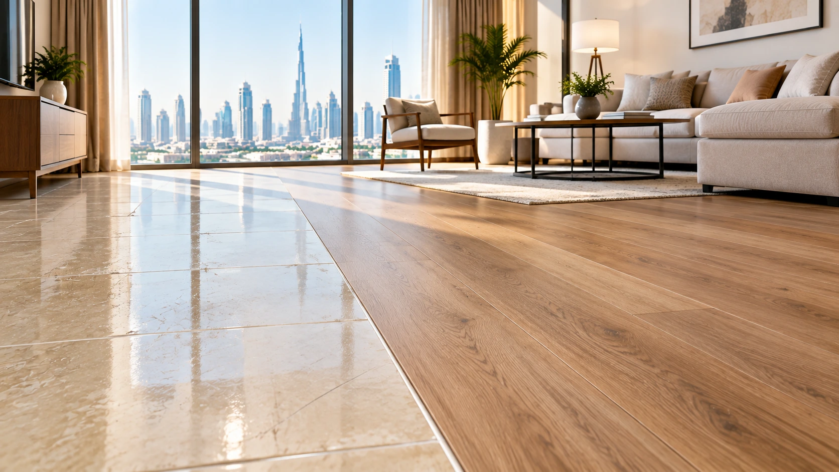 Wood-look vinyl flooring Dubai apartment Living Room