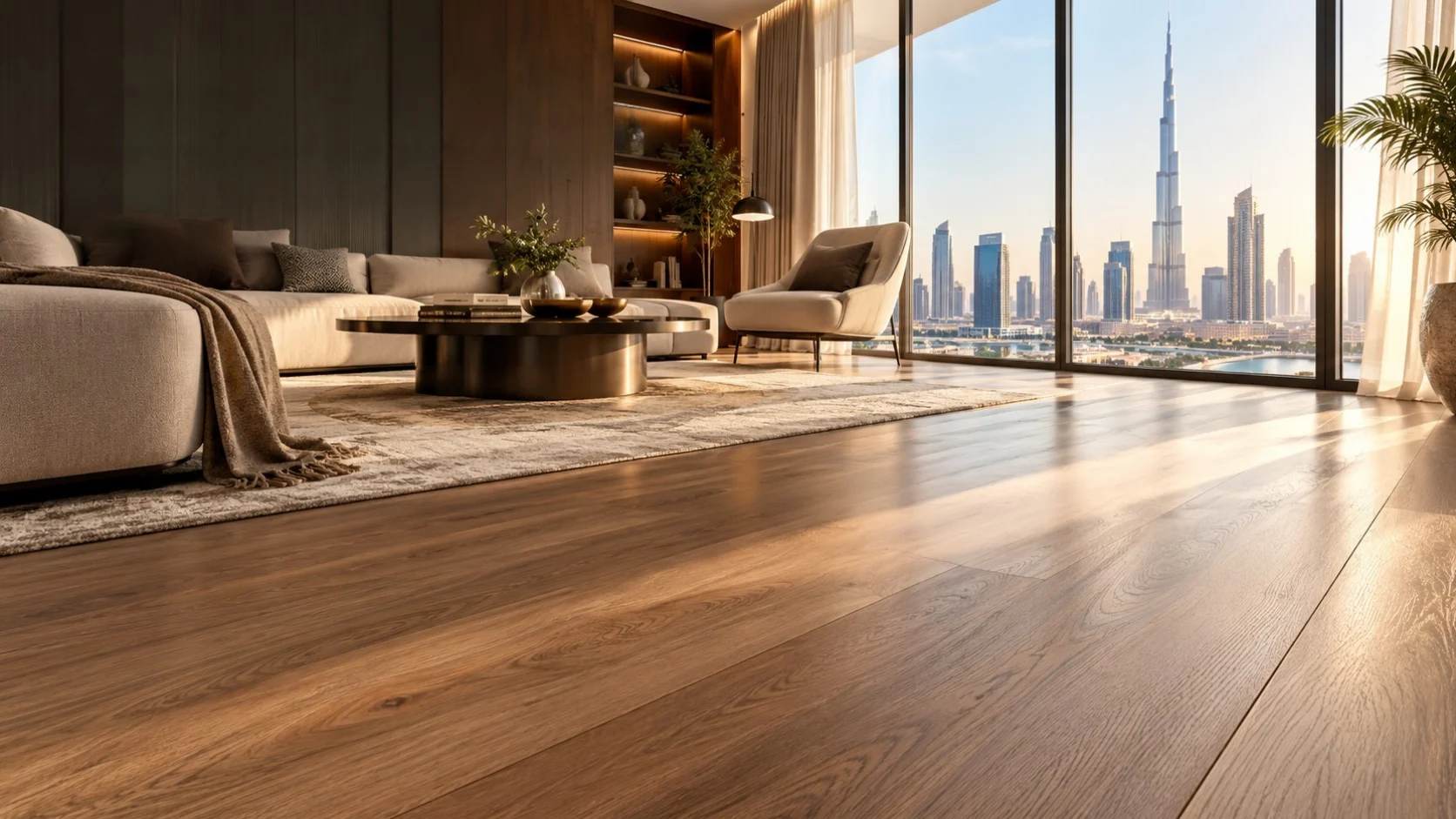 Premium wood flooring in a luxury Dubai living room
